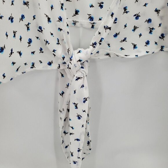 Windsor Sheer Tie Front Blouse M White Blue Floral Crop Top Boho Festival - Picture 6 of 14